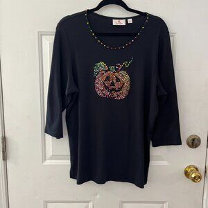 Quacker Factory Black 100% Cotton Sequin Halloween Pumpkin Tee Shirt Sz Lr